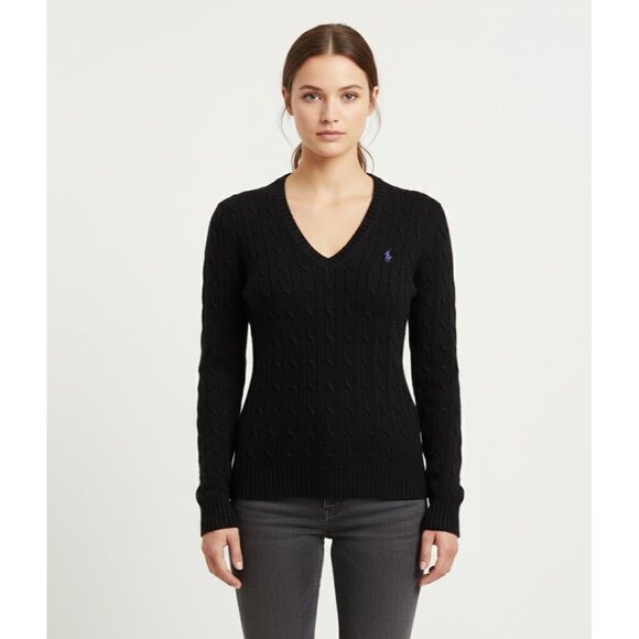 NWT Ralph Lauren Sport Cable-Knit Lambs Wool V-neck Sweater in Black Pullover M - Picture 1 of 4